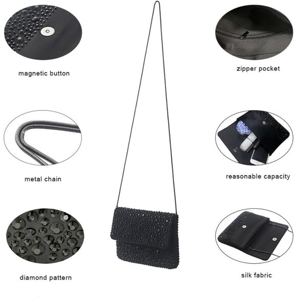 ⚡ Women's Sparkling Black Evening Rhinestone Shoulder Chain Crystal Clutch Bag - Picture 5 of 6
